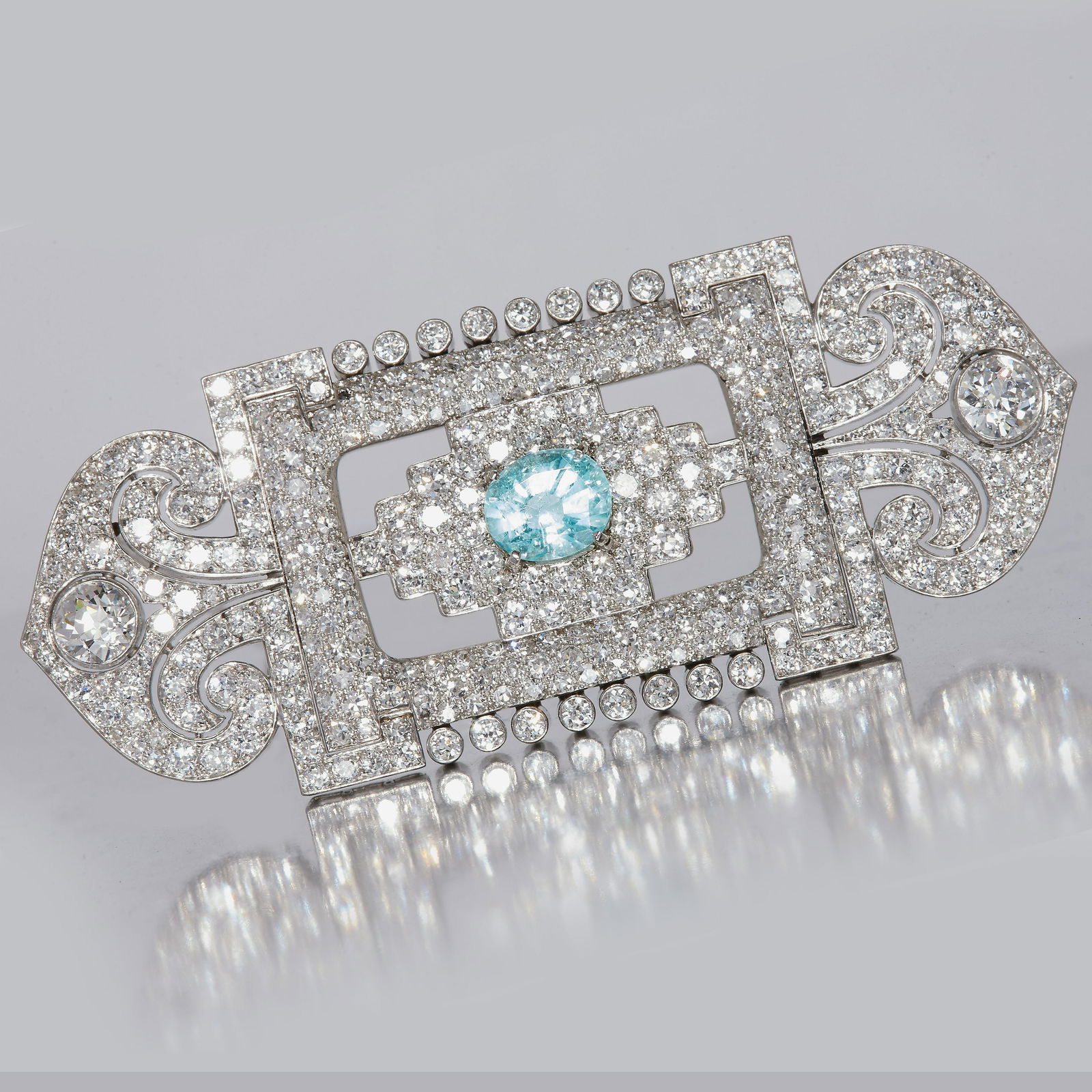 IMPORTANT LARGE ART-DECO CUPPRIAN TOURMALINE AND DIAMOND BROOCH (1 of 2)