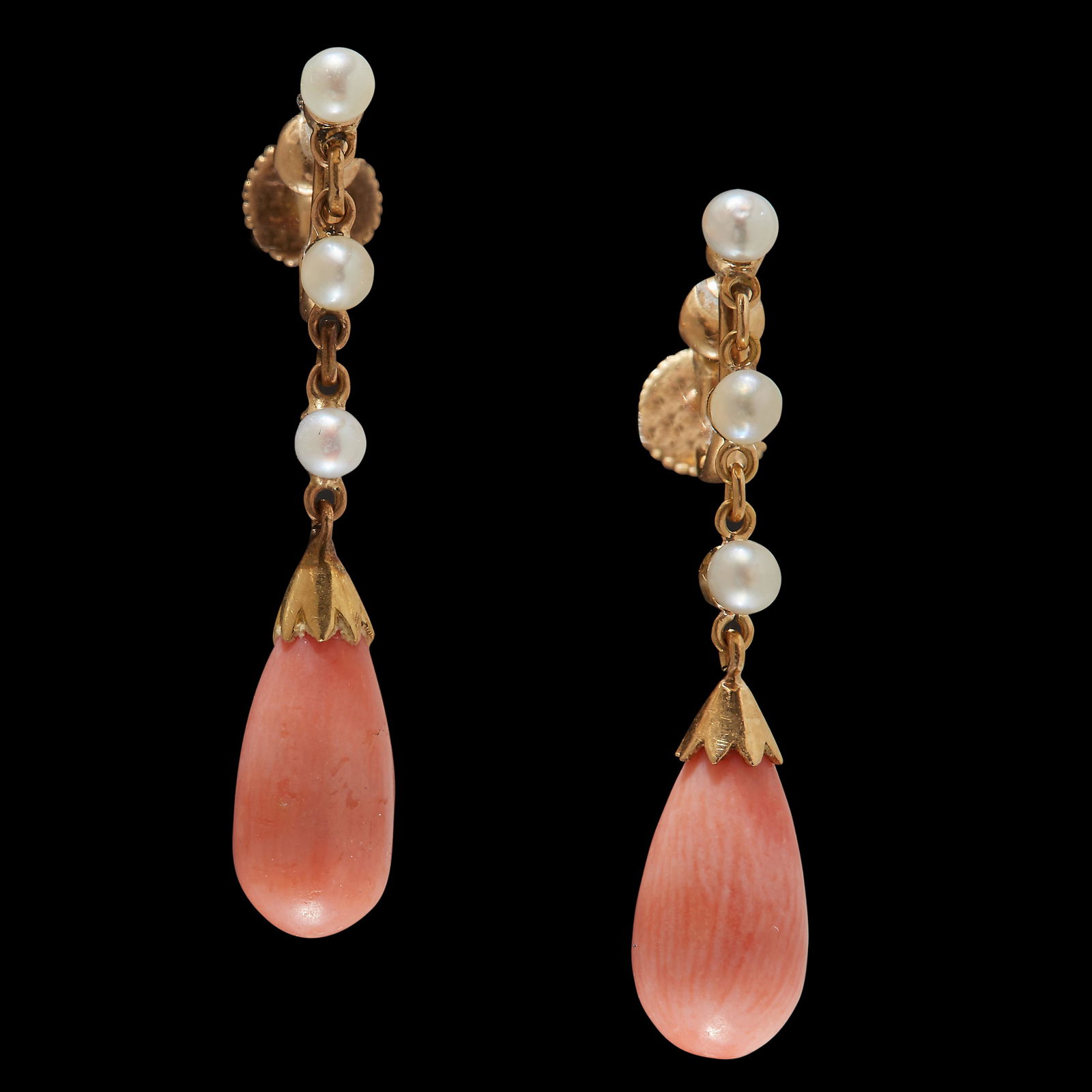 PAIR OF PEARL AND CORAL DROP EARRINGS (1 of 1)