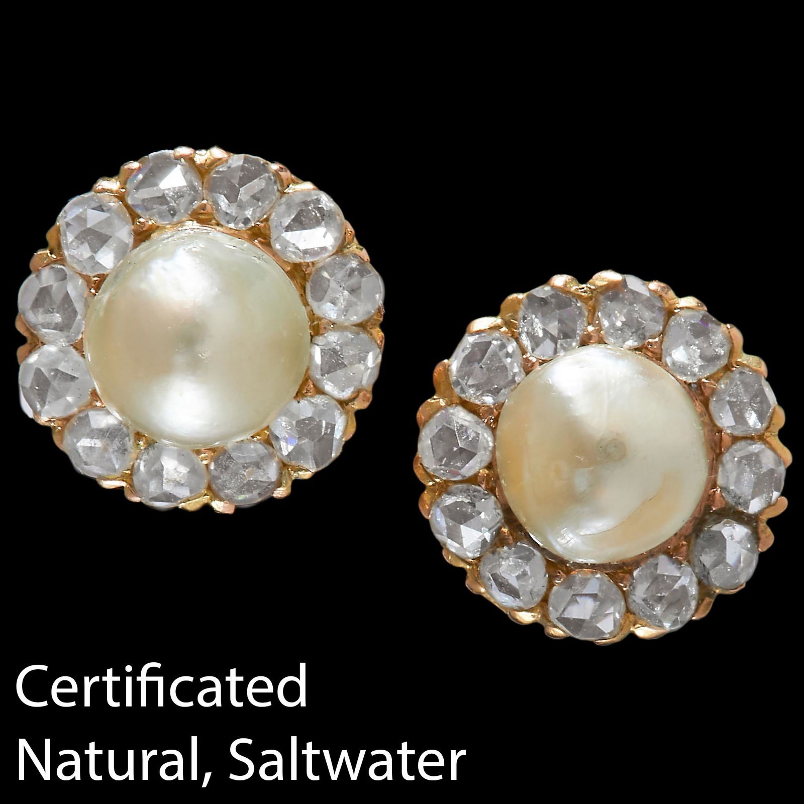 CERTIFICATED PAIR OF NATURAL SALTWATER PEARL AND DIAMOND CLUSTER EARRINGS (1 of 1)