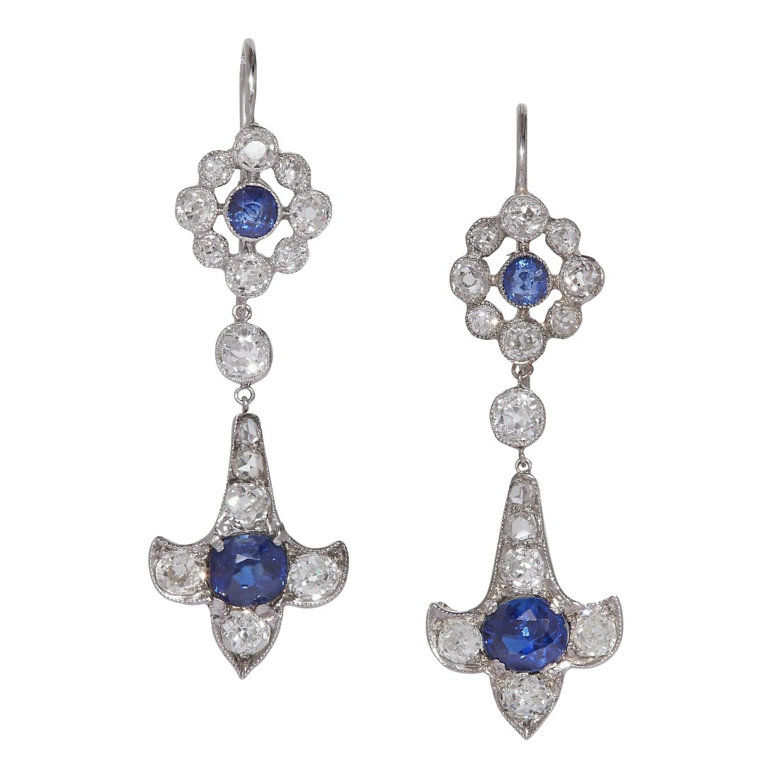 PAIR OF SAPPHIRE AND DIAMOND DROP EARRINGS: PAIR OF SAPPHIRE AND DIAMOND DROP EARRINGS, the top of openwork cluster designed set with blue sapphire and diamonds. Suspending a blue sapphire and diamond drop. Blue sapphires totalling approx. 1.45