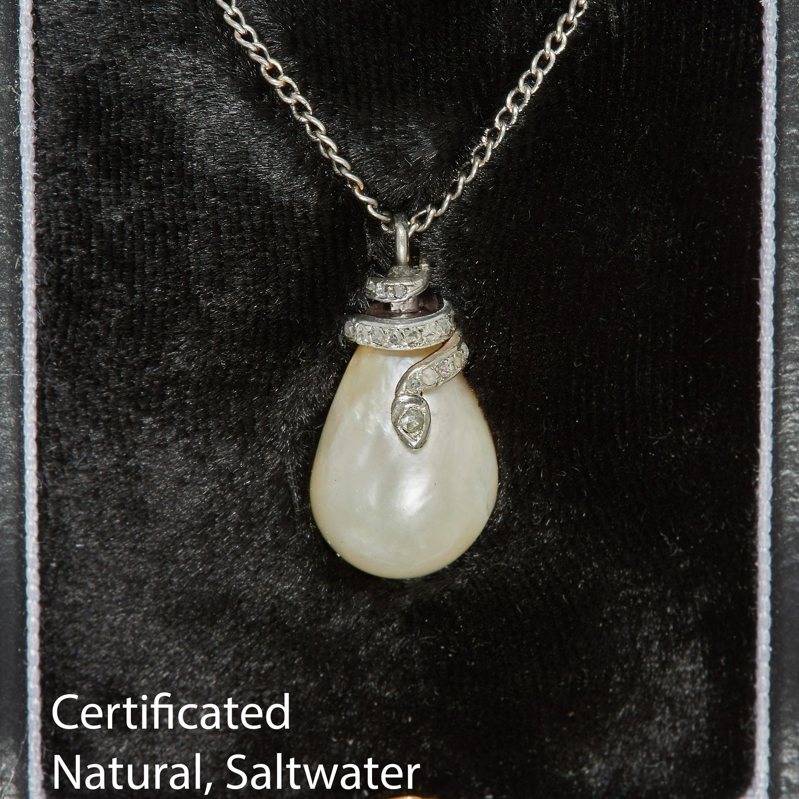 IMPORTANT CERTIFICATED NATURAL SALTWATER PEARL AND DIAMOND SNAKE PENDANT (1 of 2)