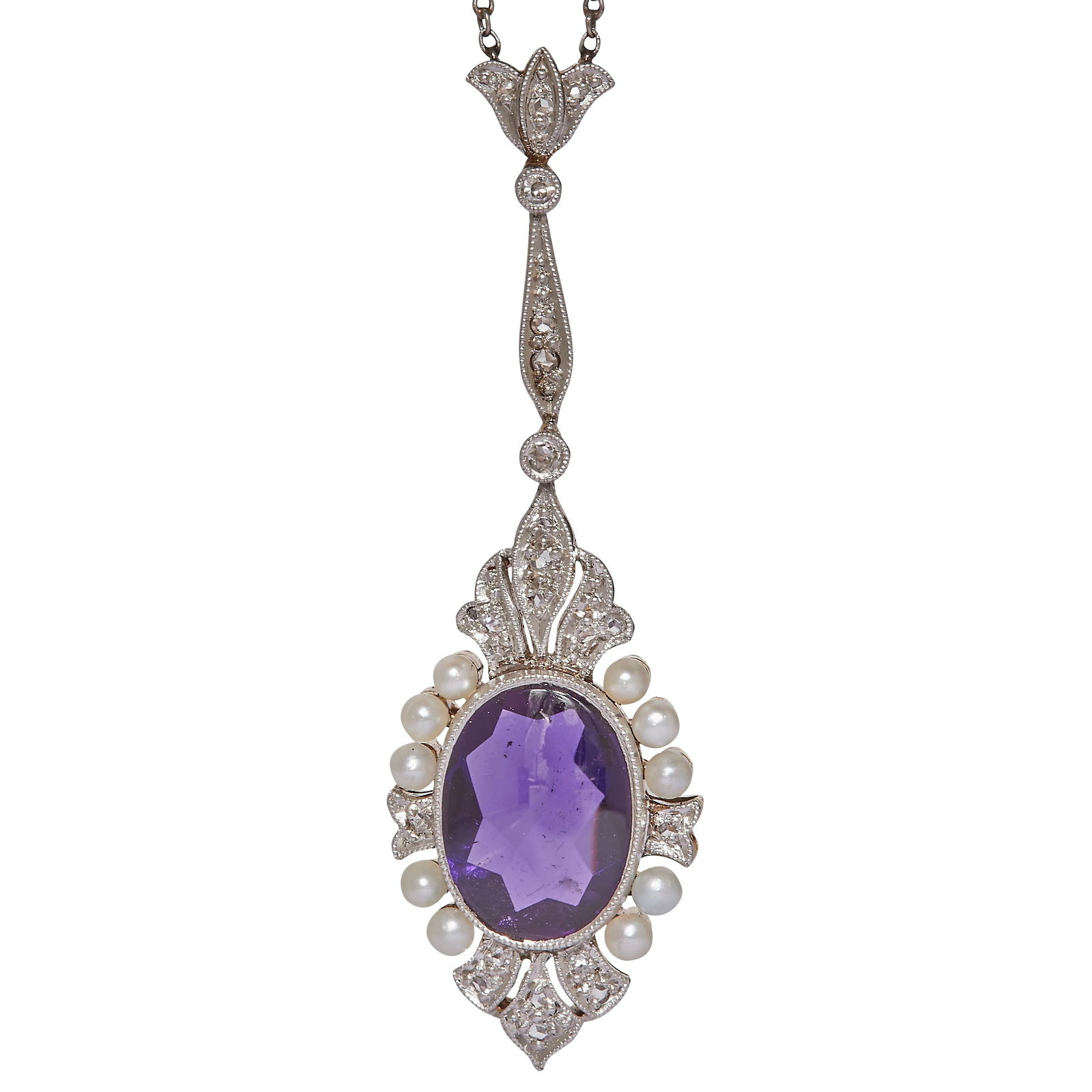 ART-DECO AMETHYST DIAMOND AND PEARL PENDANT NECKLACE (1 of 1)