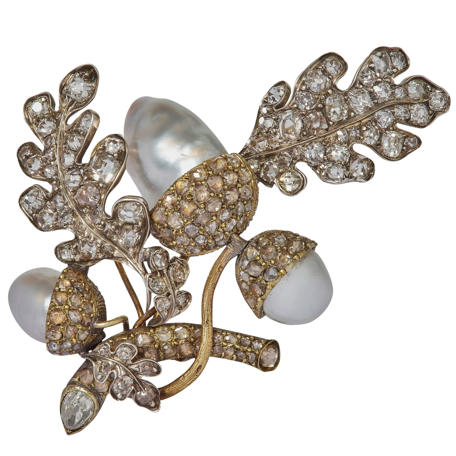 ROYAL GIFT BY KING CHRISTIAN VIII OF DENMARK, IMPORTANT ANTIQUE NATURAL PEARL AND DIAMOND ACORN (1 of 2)