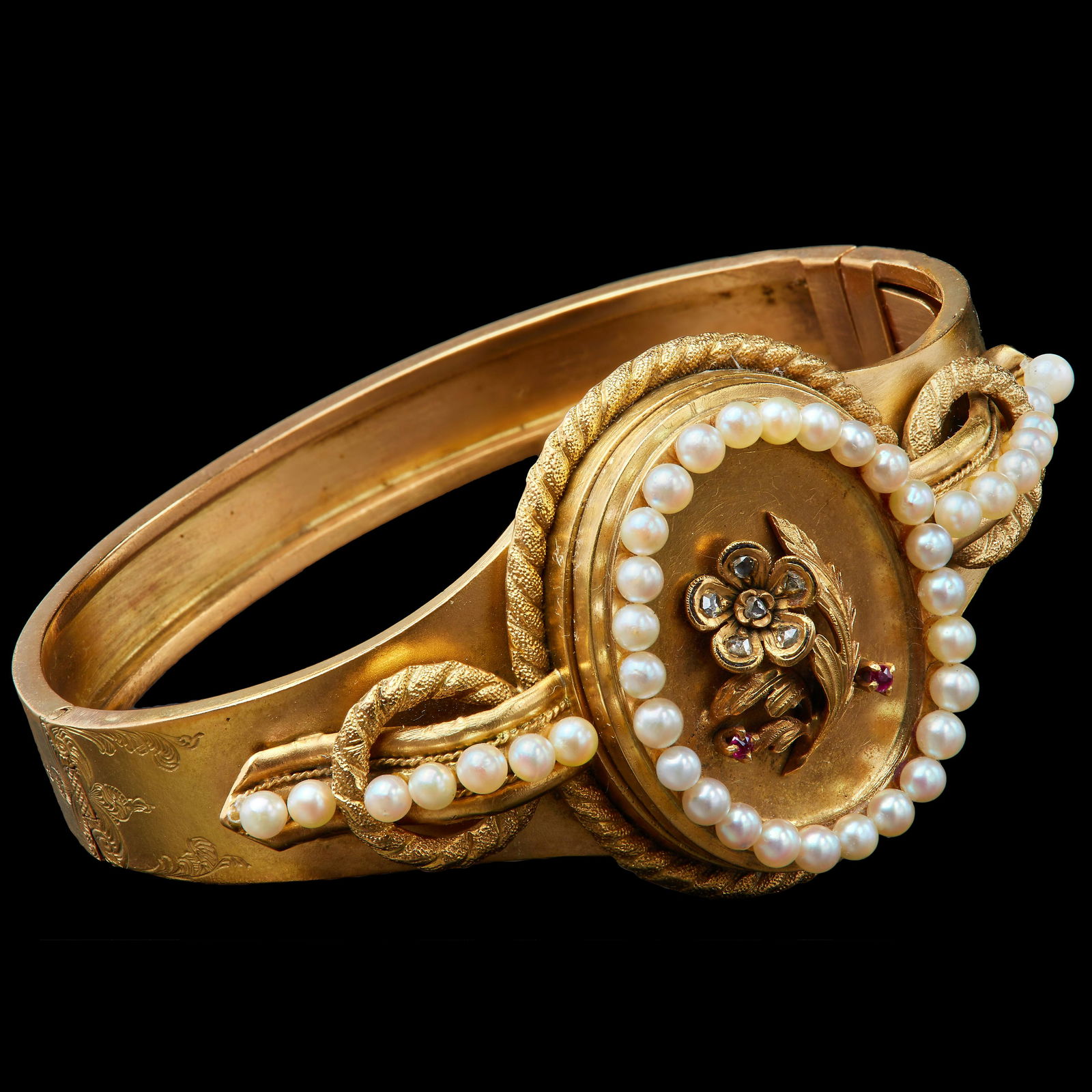 VICTORIAN PEARL RUBY AND DIAMOND HINGED BANGLE (1 of 1)