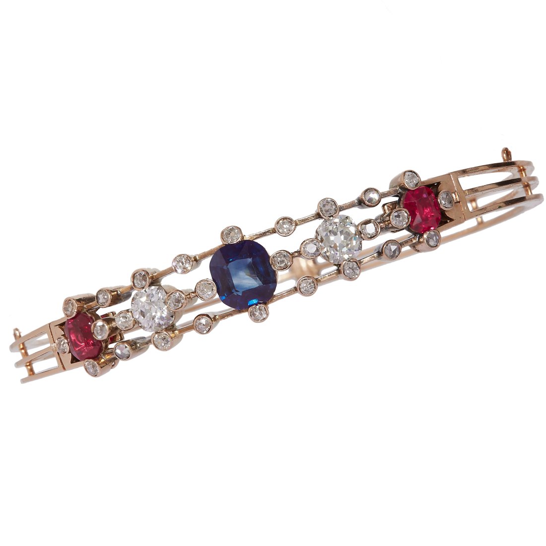 ANTIQUE DIAMOND, SAPPHIRE AND RUBY HINGED BANGLE (1 of 2)