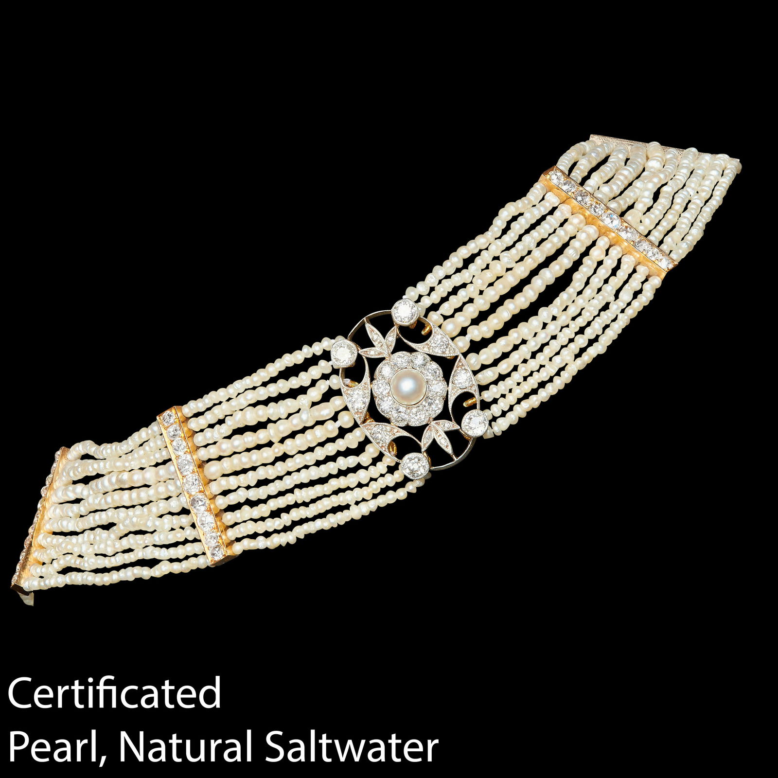 IMPORTANT EDWARDIAN NATURAL SALTWATER PEARL AND DIAMOND COLLIER DE CHIEN (1 of 3)