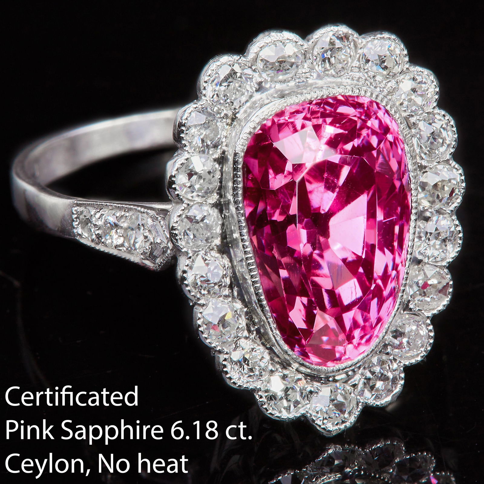 IMPORTANT CERTIFICATED CEYLON PINK SAPPHIRE AND DIAMOND CLUSTER RING (1 of 2)