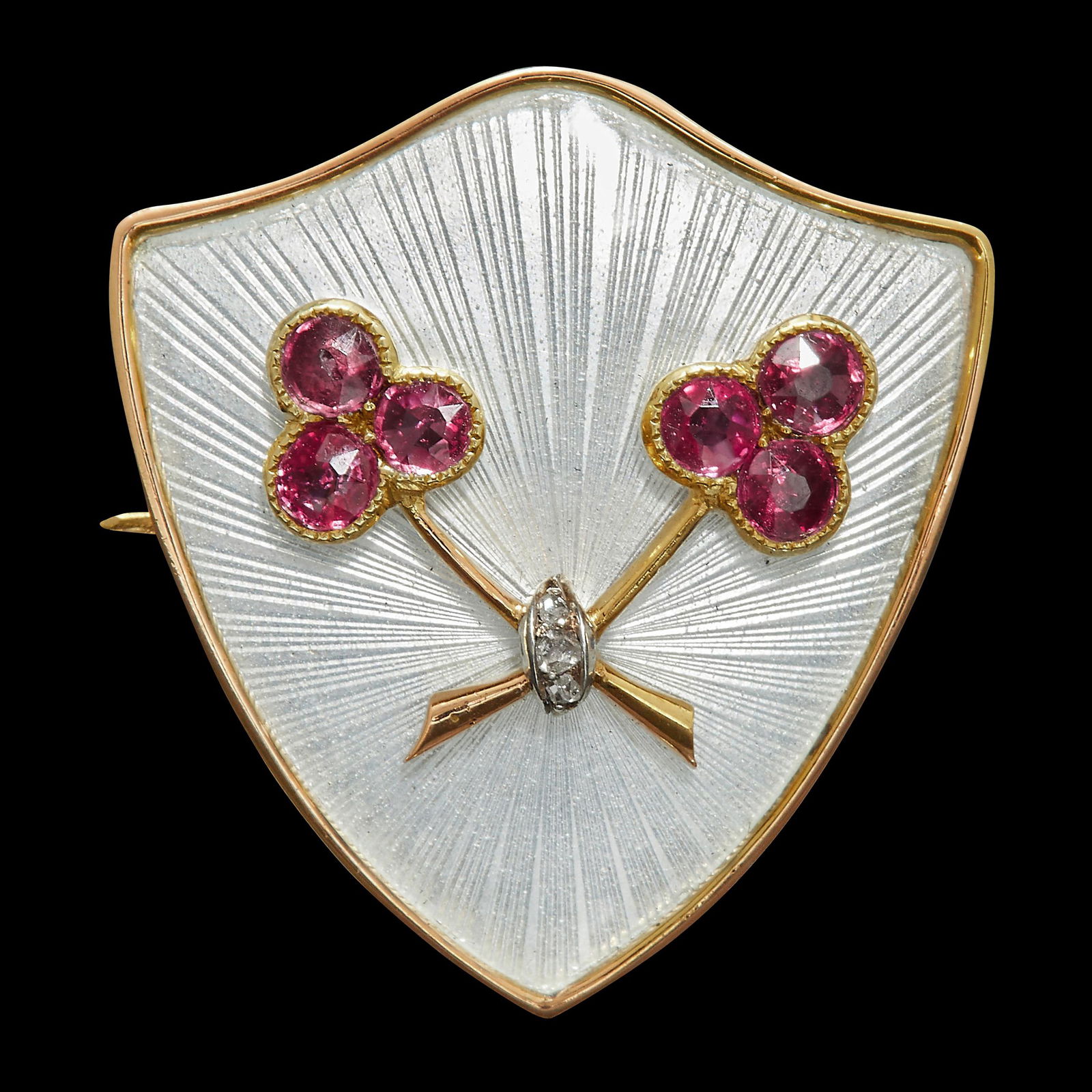 NO RESERVE, RUSSIAN RUBY DIAMOND AND ENAMEL SHIELD BROOCH (1 of 1)