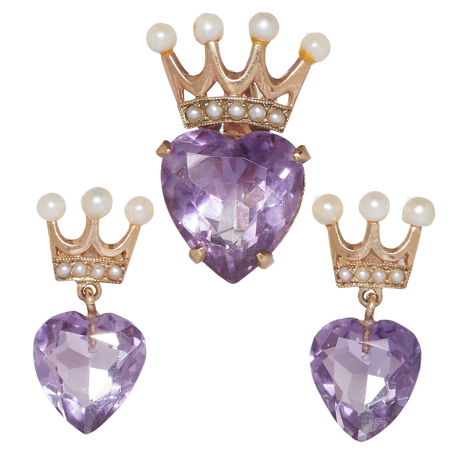AMETHYST AND PEARL CROWN BROOCH AND PAIR OF EARRINGS (1 of 1)
