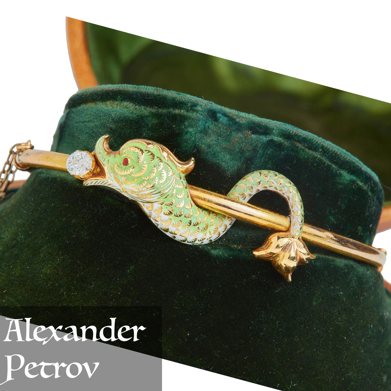 ANTIQUE RUSSIAN DIAMOND AND ENAMEL DOLPHIN BANGLE (1 of 1)