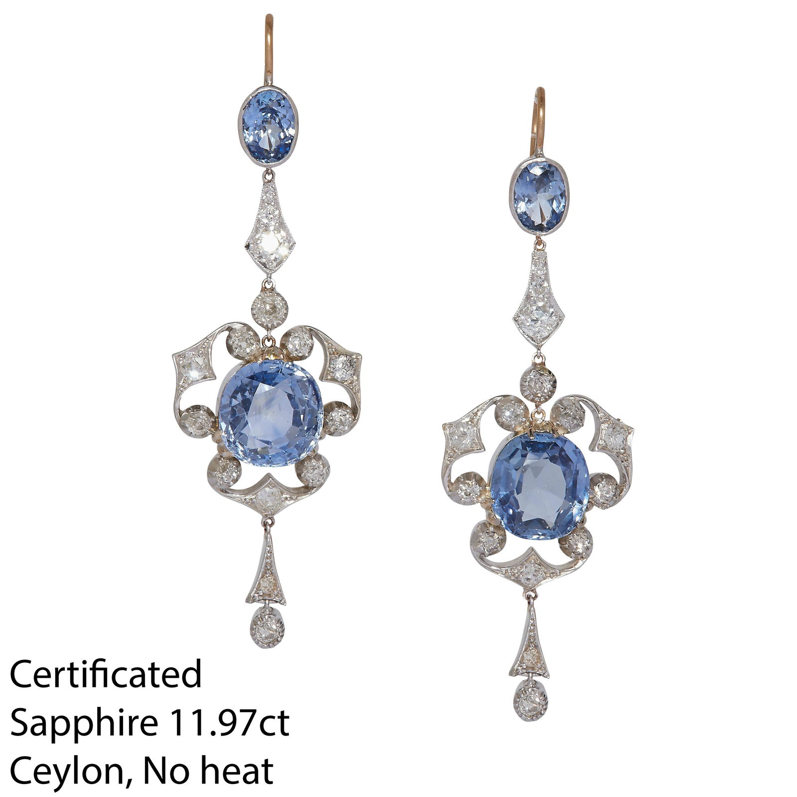 CERTIFICATED PAIR OF CEYLON SAPPHIRE AND DIAMOND DROP EARRINGS (1 of 1)