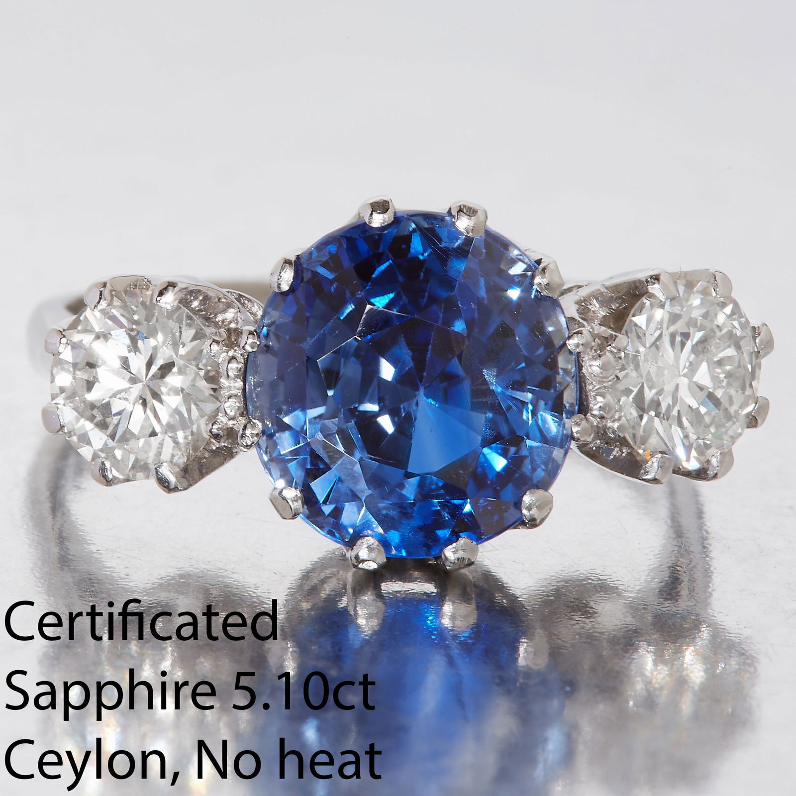 CERTIFICATED CEYLON SAPPHIRE AND DIAMOND 3-STONE RING (1 of 1)