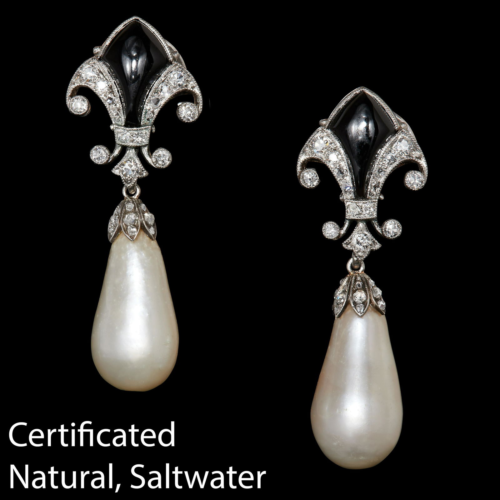 IMPORTANT ART-DECO PAIR OF CERTIFICATED NATURAL SALTWATER PEARL AND DIAMOND DROP EARRINGS (1 of 1)