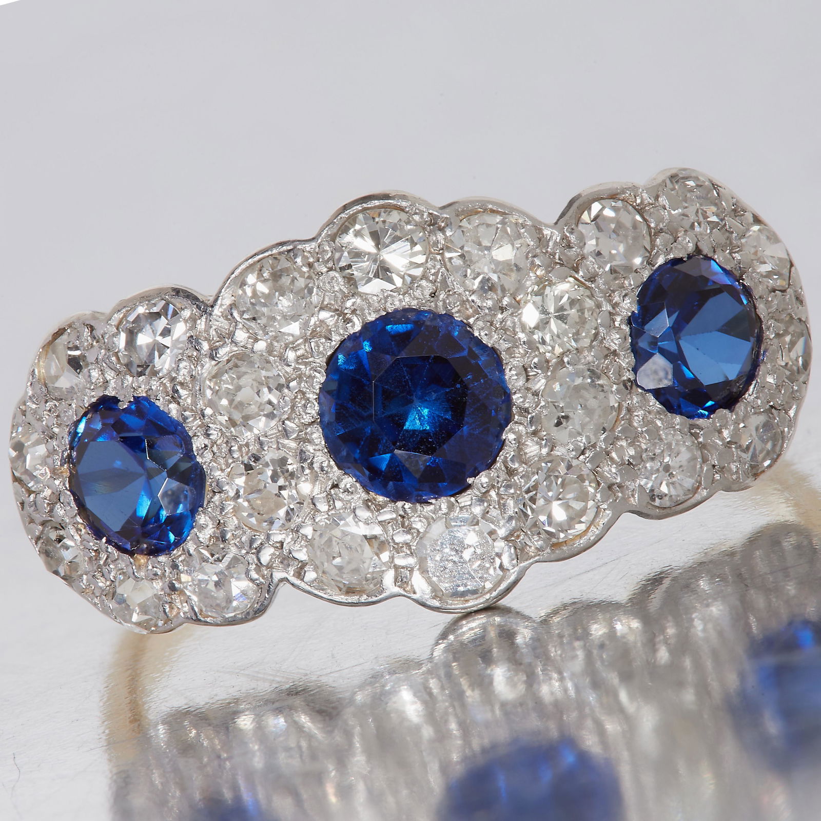 ART-DECO SAPPHIRE AND DIAMOND 3-CLUSTER RING (1 of 1)