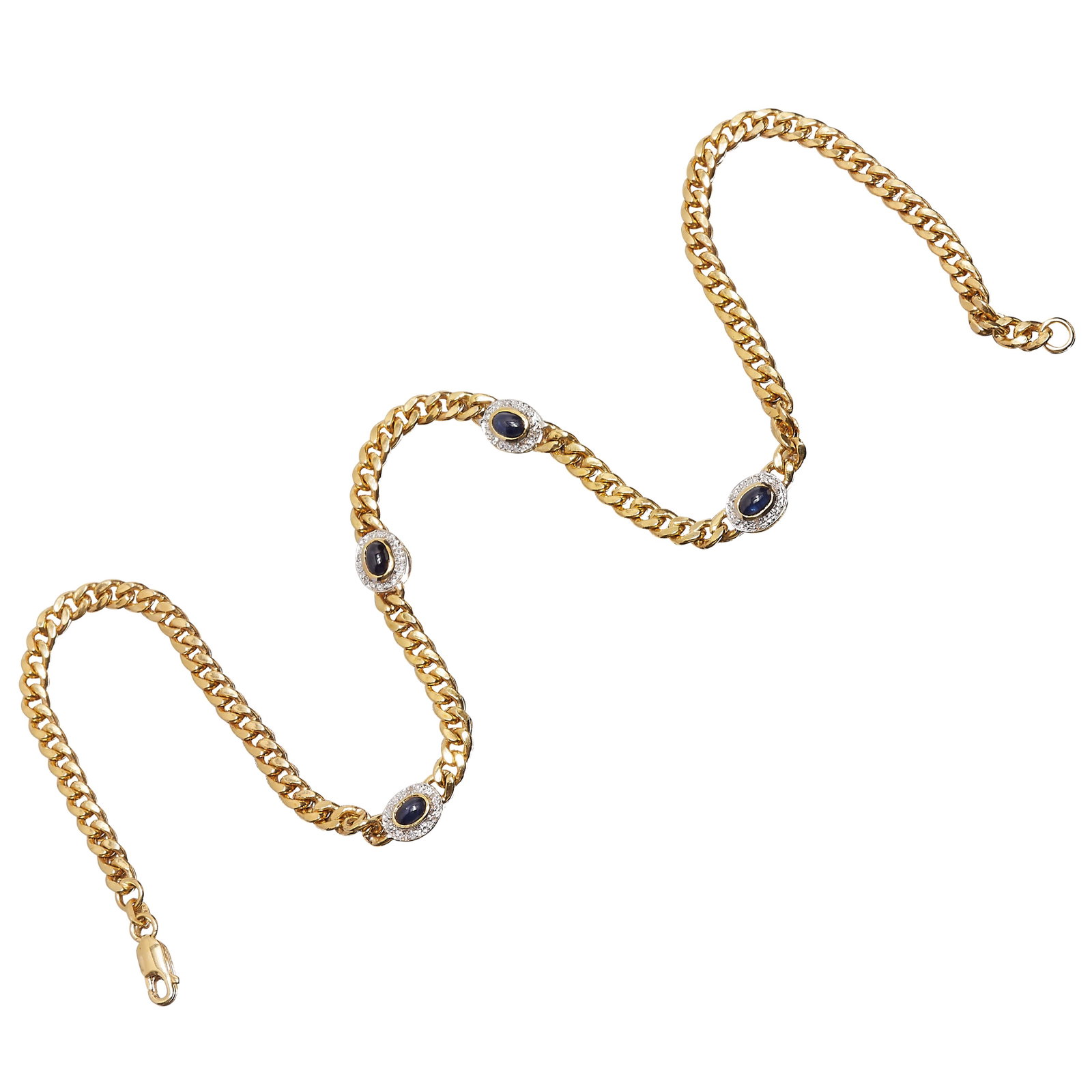 SAPPHIRE AND DIAMOND CURB LINK NECKLACE.: SAPPHIRE AND DIAMOND CURB LINK NECKLACE. stamped 585. set with cabochon blue sapphires totalling aprox 3.36 ct. surrounded by diamonds to totalling approx 0.40 ct. L 41 cm. 14.5 grams.