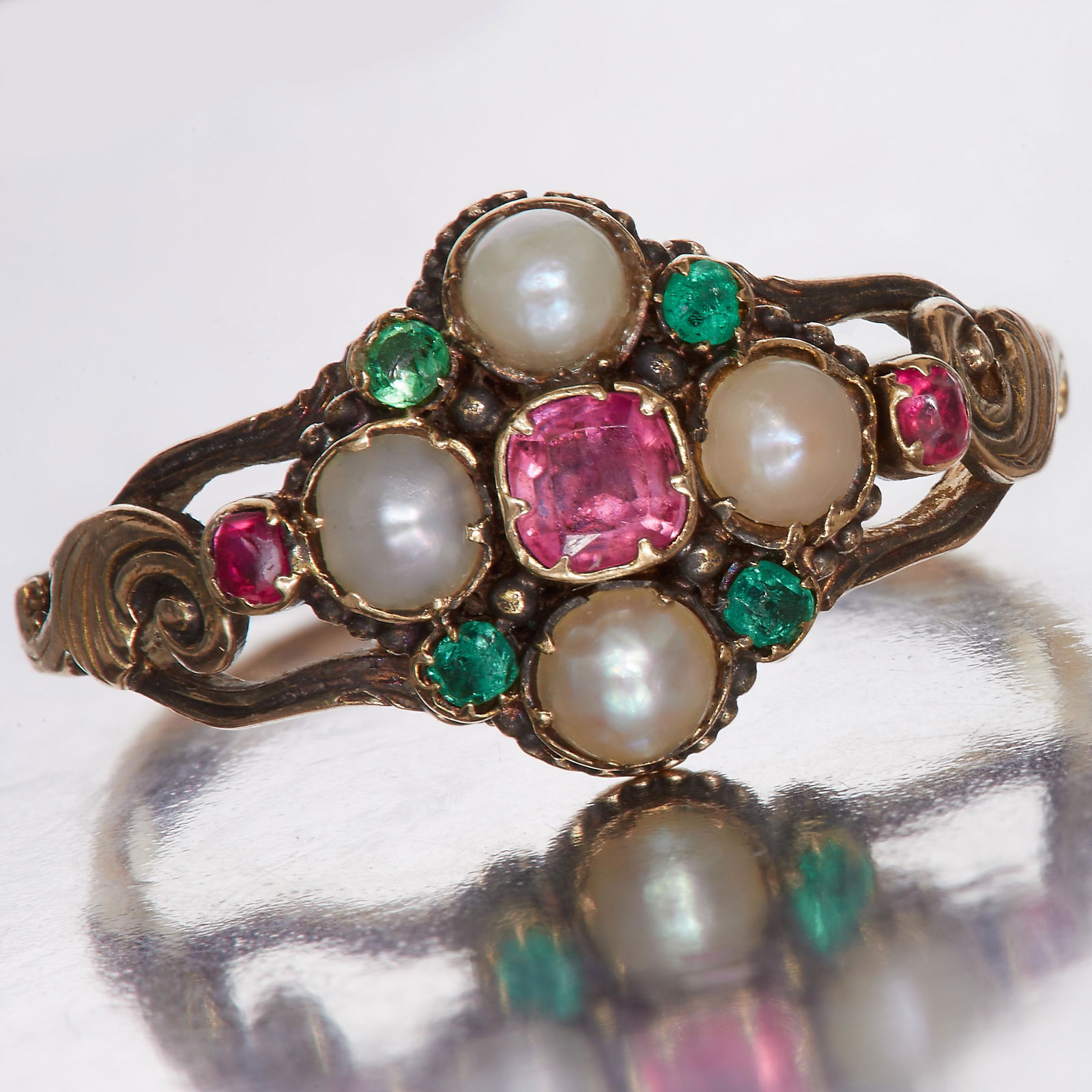 VICTORIAN GOLD RUBY, EMERALD AND PEARL RING (1 of 2)