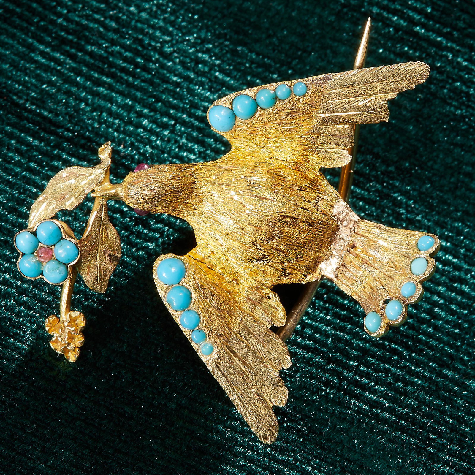 VICTORIAN TURQUOISE AND RUBY DOVE BROOCH (1 of 1)