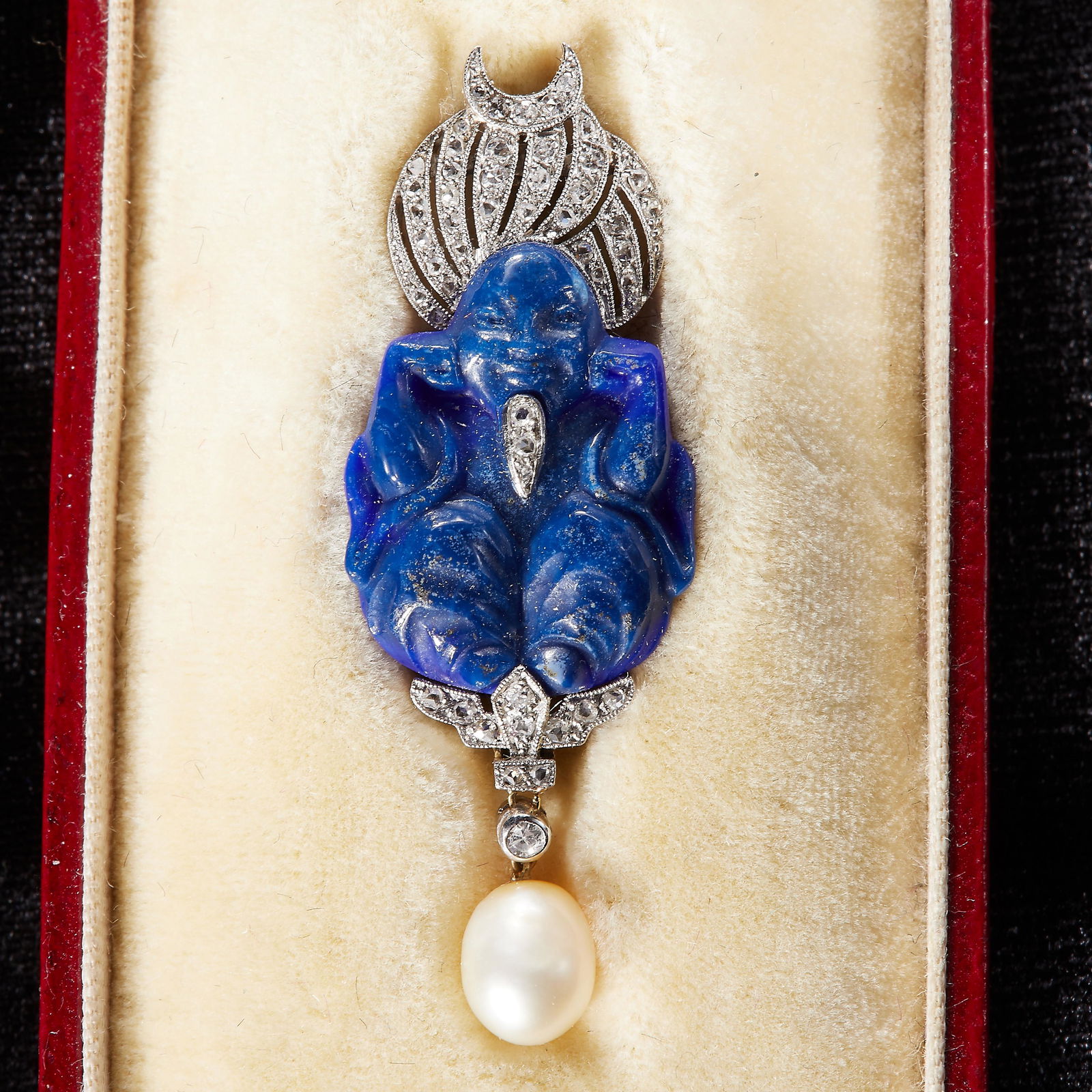 LACLOCHE FRERES, CERTIFICATED NATURAL SALTWATER PEARL, DIAMOND AND LAPIS LAZULI BUDDHA BROOCH (1 of 1)