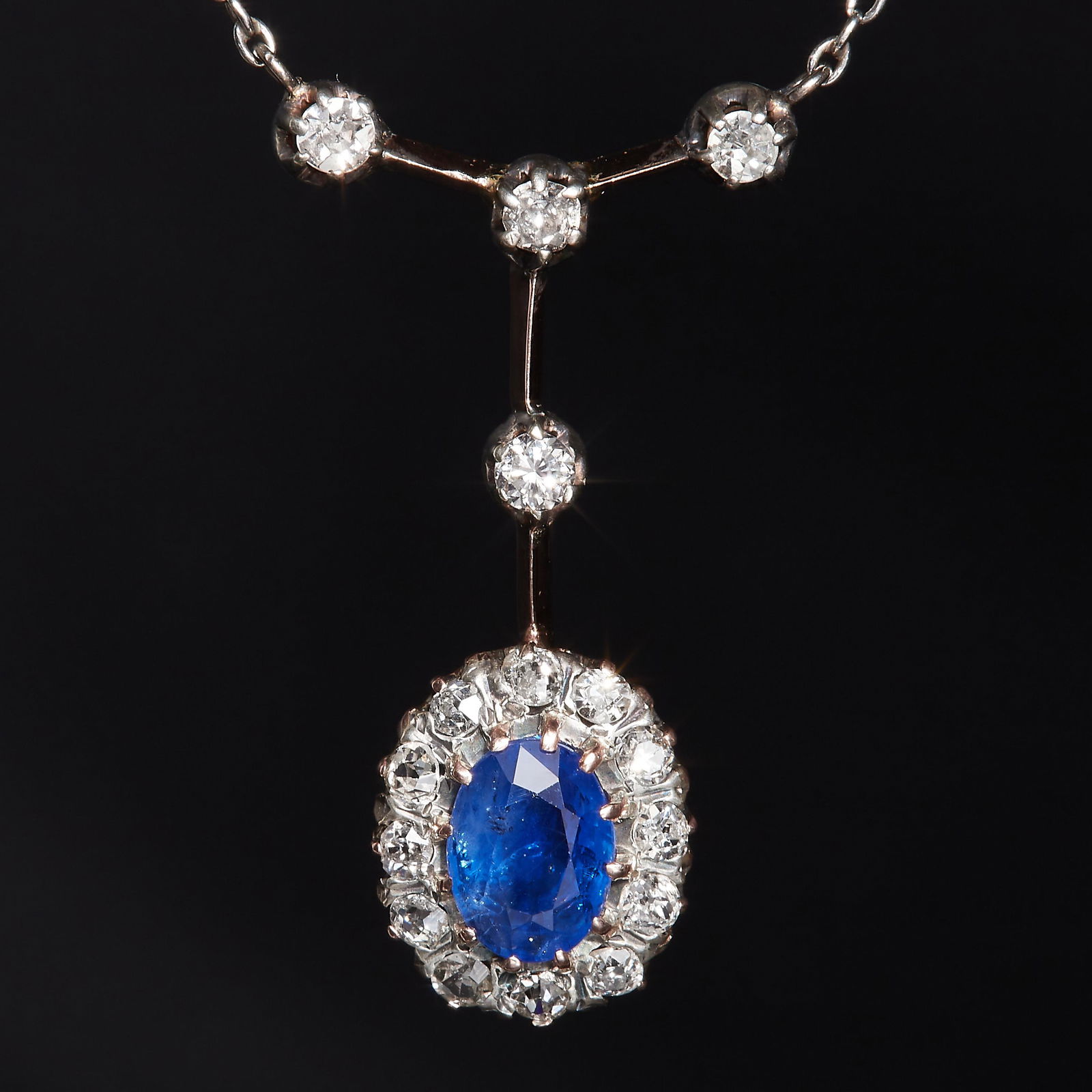EDWARDIAN SAPPHIRE AND DIAMOND CLUSTER PENDENT NECKLACE (1 of 1)