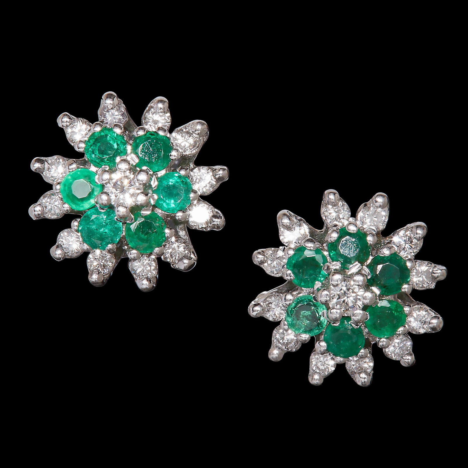 A PAIR OF EMERALD AND DIAMOND CLUSTER EARRINGS (1 of 1)
