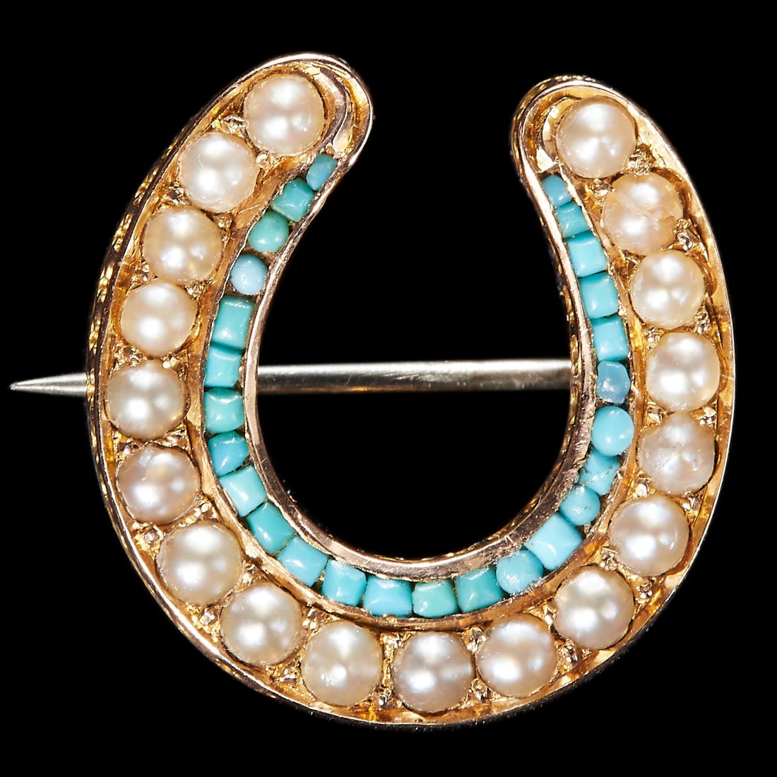 VICTORIAN GOLD TURQUOISE AND PEARL HORSESHOE BROOCH (1 of 1)