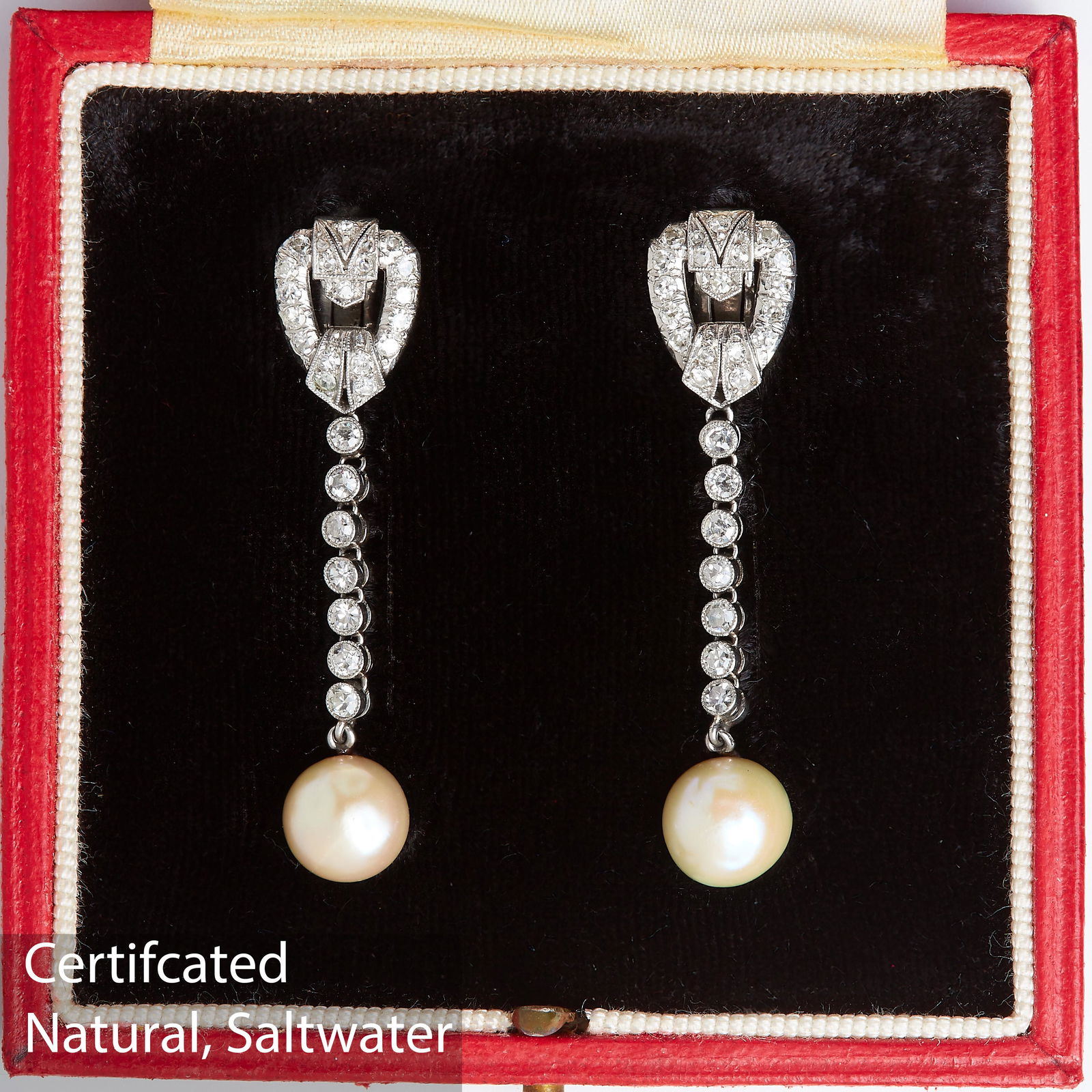PAIR OF ART-DECO CERTIFICATED NATURAL SALTWATER PEARL AND DIAMOND DROP EARRINGS (1 of 2)