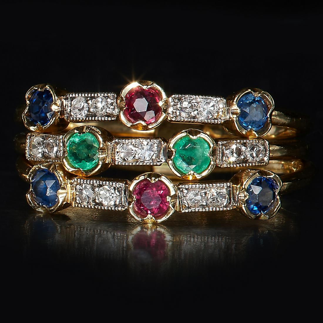 RUBY, SAPPHIRE, EMERALD AND DIAMOND TRIPLE BAND RING (1 of 1)