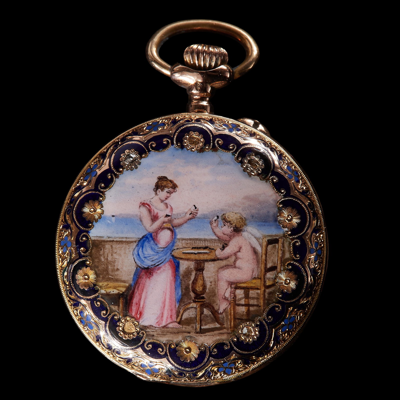 ANTIQUE ENAMEL POCKET WATCH: ANTIQUE ENAMEL POCKET WATCH, in 18 ct. gold. The dial with enamel depicting a scene with a woman and putti. Diam. 29 mm. 19.3 grams.