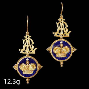 JOHN BROGDEN. FINE PAIR OF CROWN AND ENAMEL DROP EARRINGS: JOHN BROGDEN. FINE PAIR OF CROWN AND ENAMEL DROP EARRINGS. testing as gold. with detailed crown design on a blue enamel backdrop . enamel in great condition. L 5 cm. 12.3 grams.