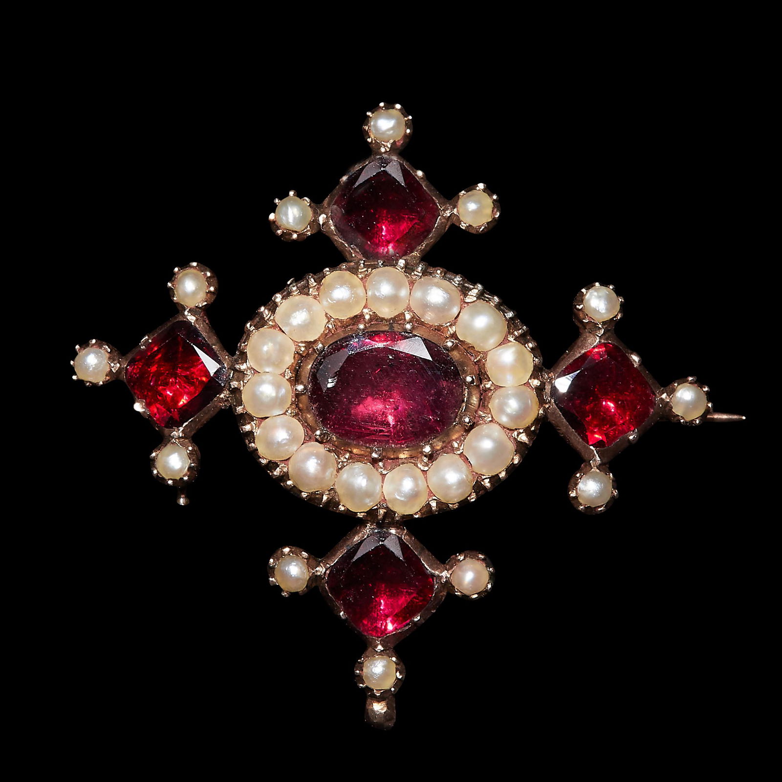 GEORGIAN GARNET AND PEARL CROSS BROOCH (1 of 1)