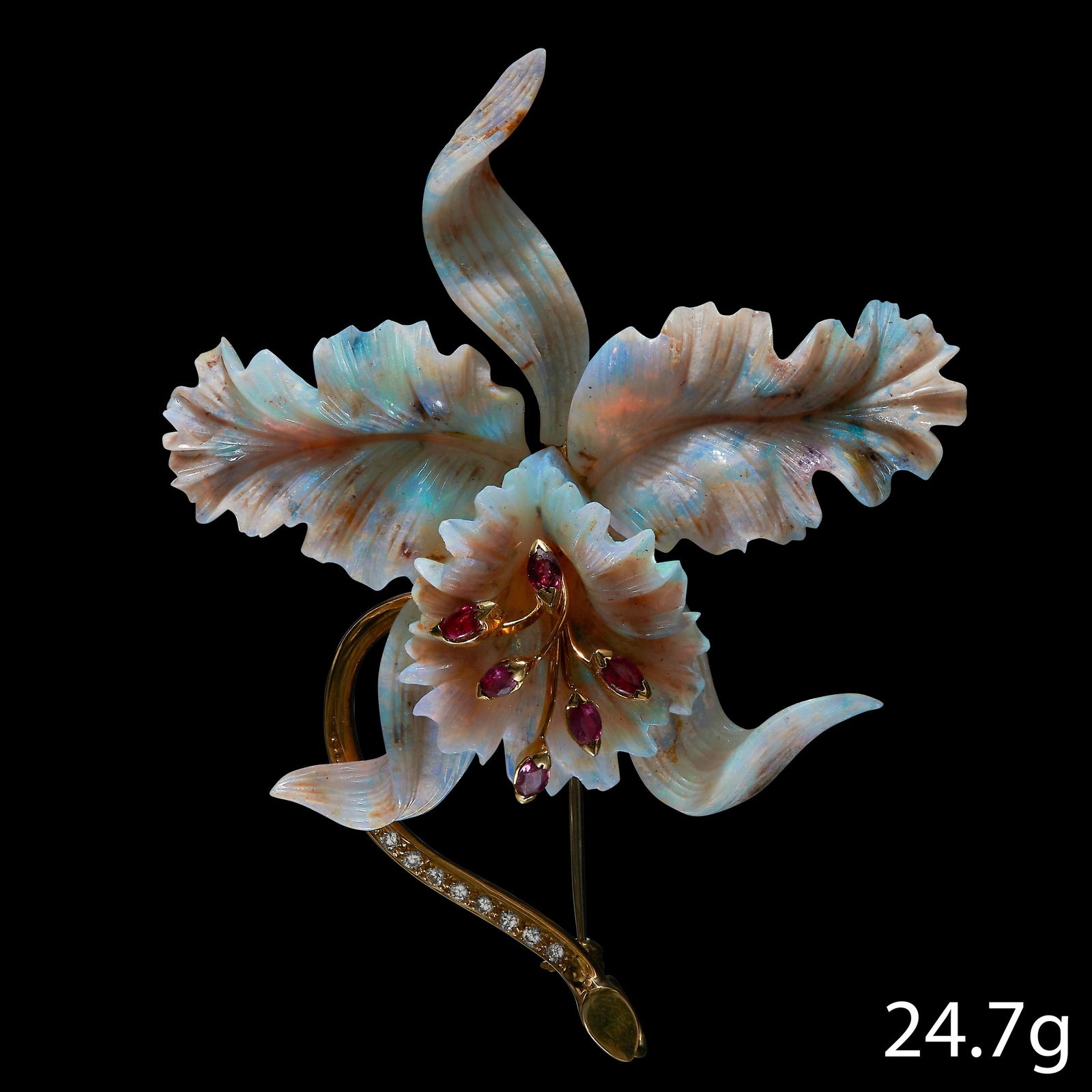 RARE CARVED OPAL, RUBY AND DIAMOND ORCHID BROOCH (1 of 2)