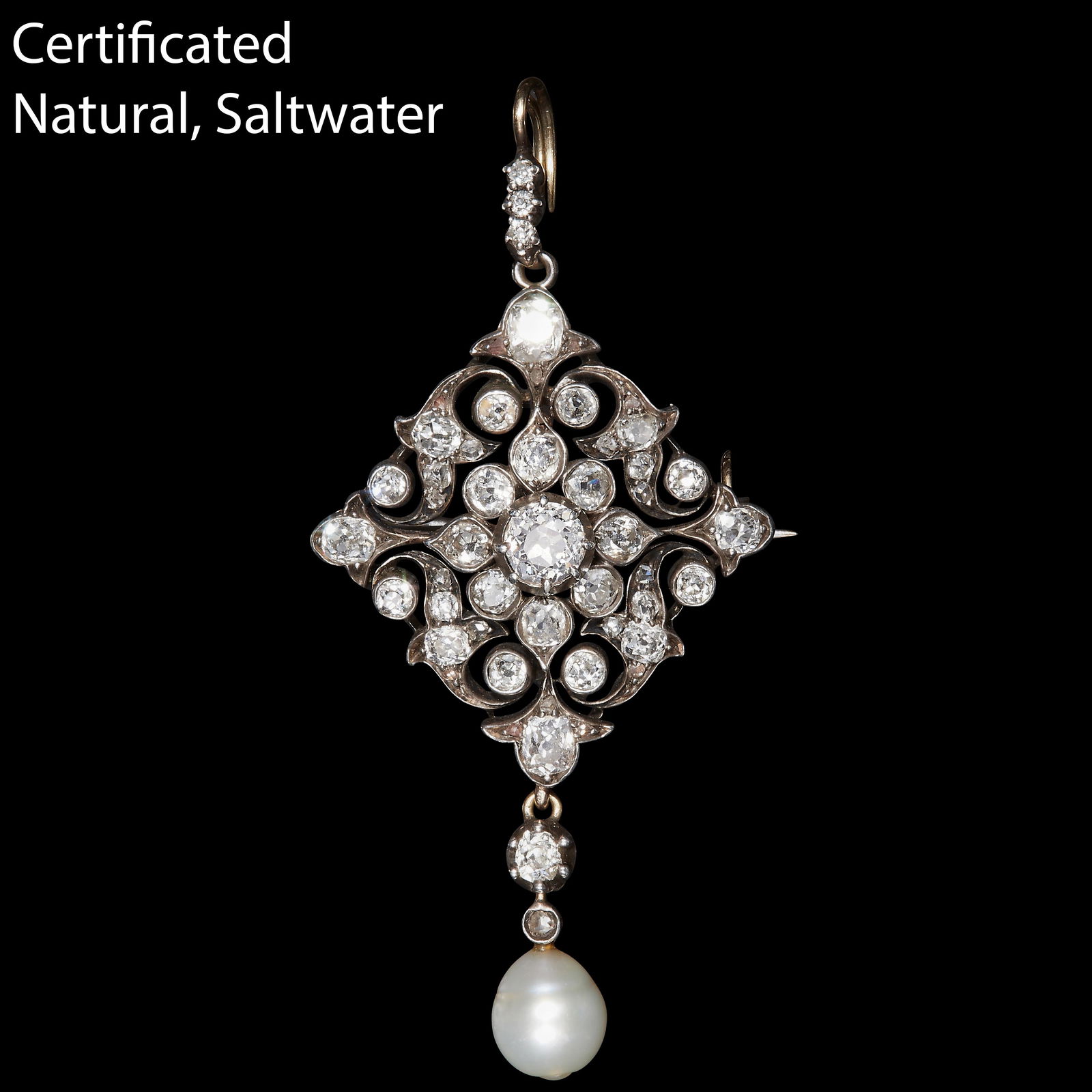 FINE VICTORIAN CERTIFICATED NATURAL SALTWATER PEARL AND DIAMOND BROOCH PENDANT (1 of 1)
