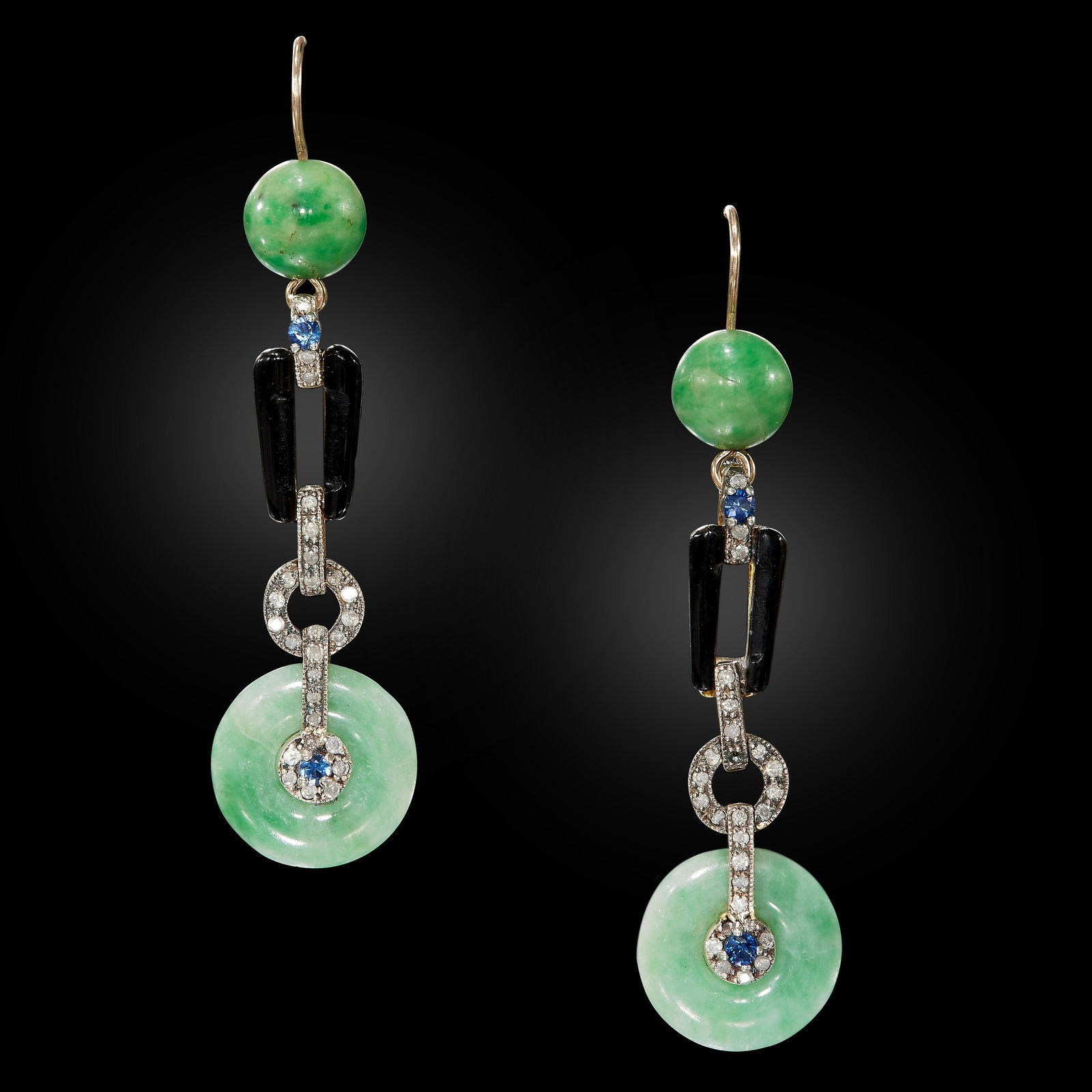 FINE PAIR OF JADE ENAMEL DIAMOND AND SAPPHIRE DROP EARRINGS (1 of 1)