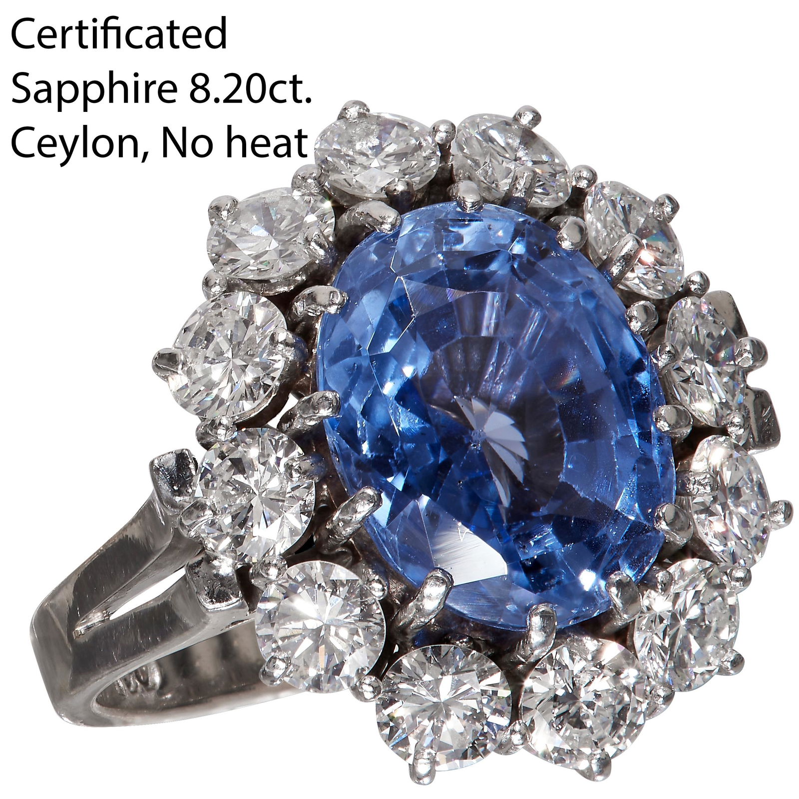 CERTIFICATED 8.20 ct. CEYLON NO HEAT SAPPHIRE AND DIAMOND 3-STONE RING (1 of 1)
