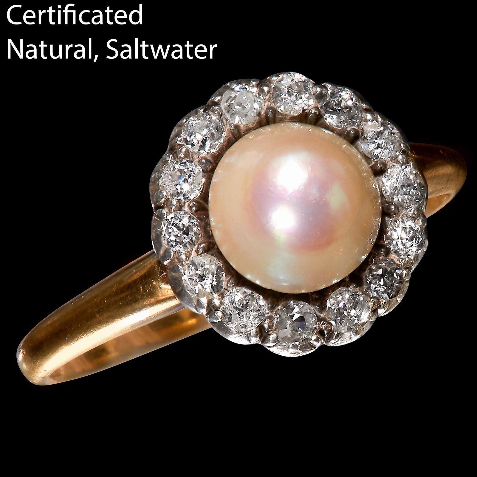 CERTIFICATED NATURAL SALTWATER PEARL AND DIAMOND CLUSTER RING (1 of 1)