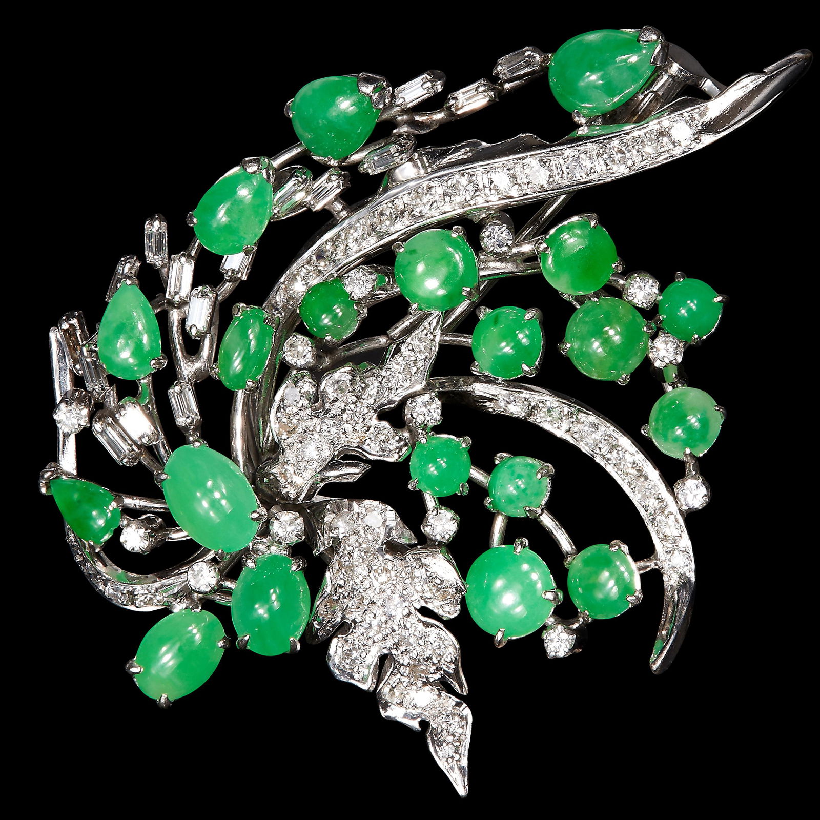 JADE AND DIAMOND FLORAL SPRAY BROOCH (1 of 1)