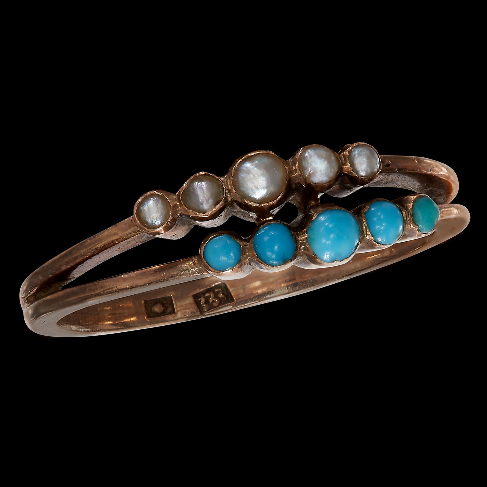 ANTIQUE TURQUOISE AND PEARL 2 ROW RING: ANTIQUE TURQUOISE AND PEARL 2 ROW RING, in 8 ct. gold. Size N. 2.4 grams.