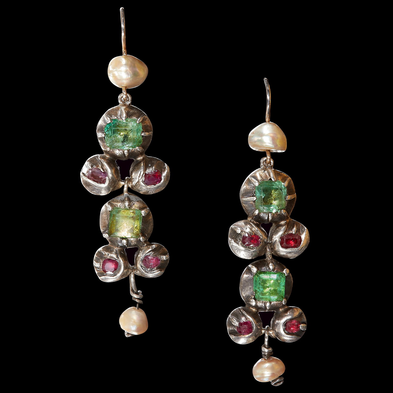 ANTIQUE PAIR OF EMERALD, RUBY AND PEARL DROP EARRINGS (1 of 1)