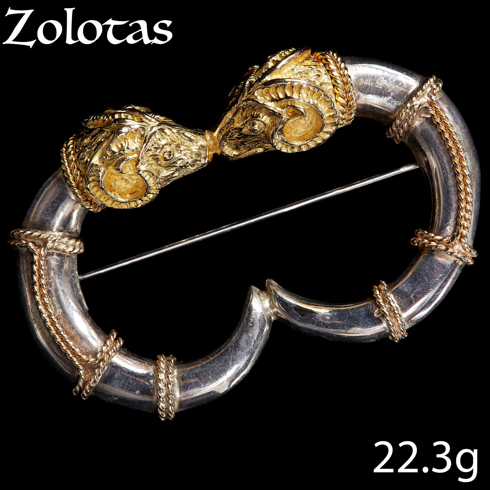 ZOLOTAS, RARE DOUBLE RAM HEADS BROOCH (1 of 1)