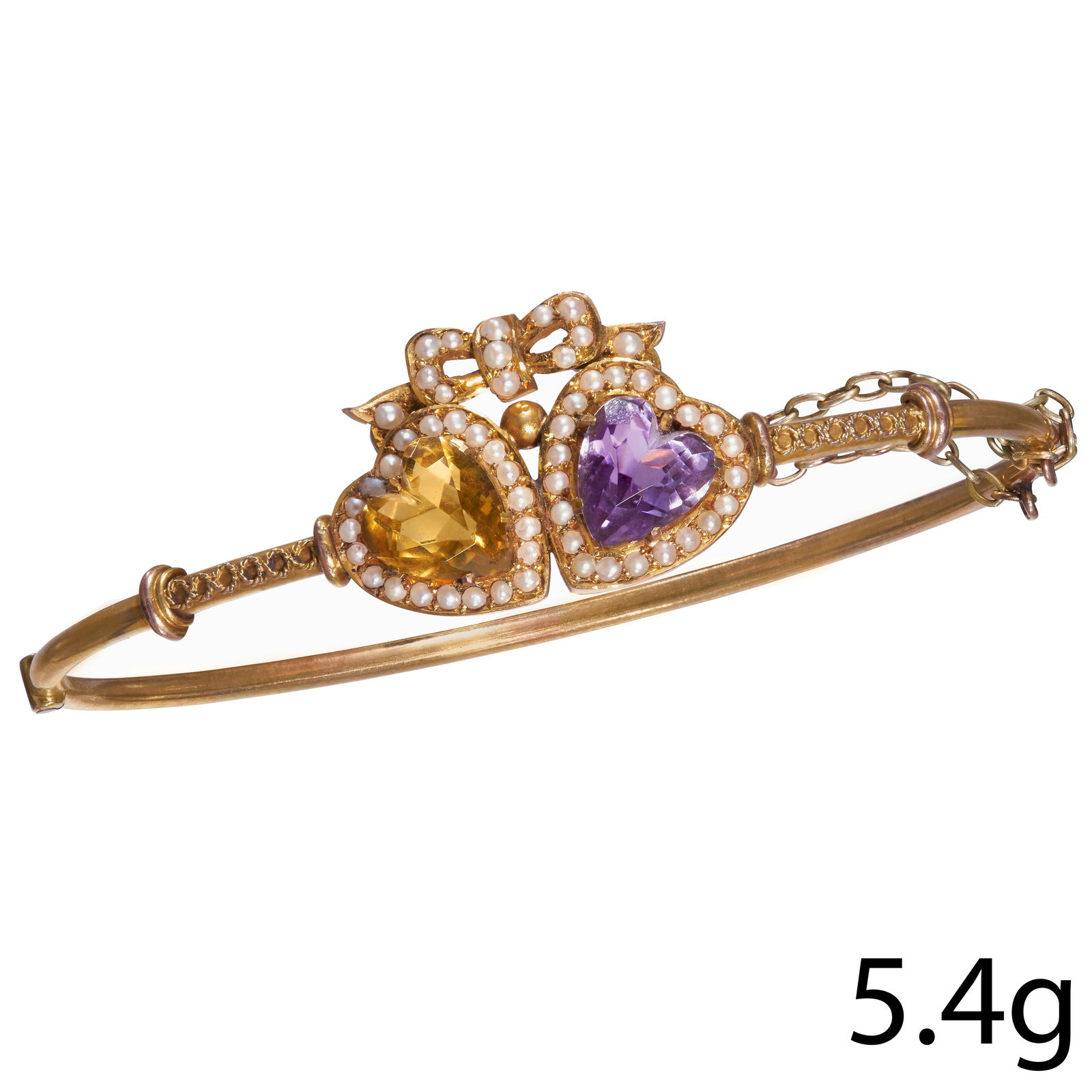 VICTORIAN AMETHYST, CITRINE AND PEARL DOUBLE HEART HINGED BANGLE, (1 of 1)