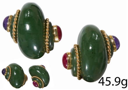 VERDURA, FINE PAIR OF JADE, RUBY AND AMETHYST SHELL EARRINGS: VERDURA, FINE PAIR OF JADE, RUBY AND AMETHYST SHELL EARRINGS,18 ct. gold.Fine and large carved jade.Vibrant cabochon rubyCabochon amethyst.Signed Verdura.L. 3.2 cm.45.9 grams.