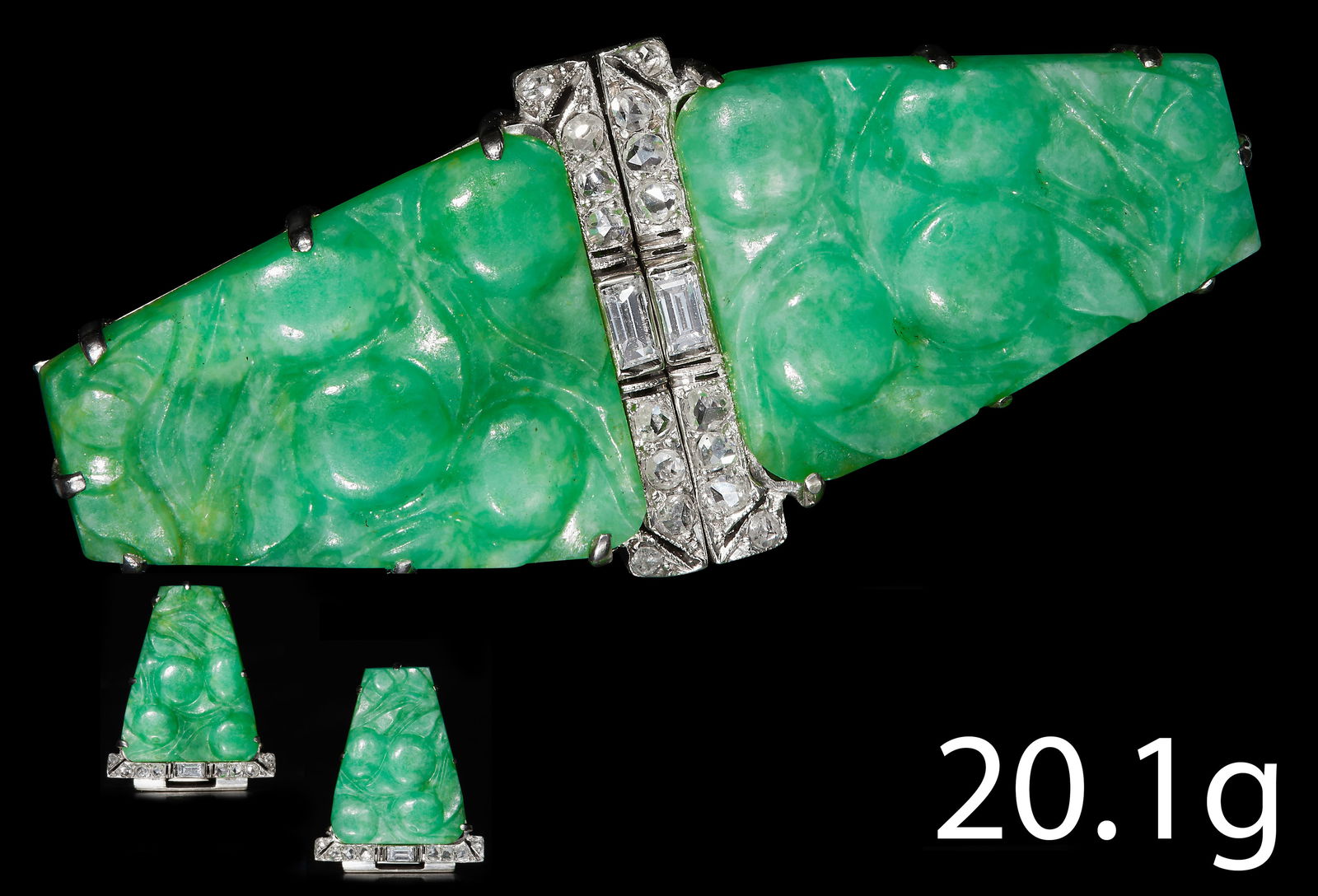ART-DECO CERTIFICATED NATURAL JADE AND DIAMOND DOUBLE CLIP BROOCH (1 of 2)
