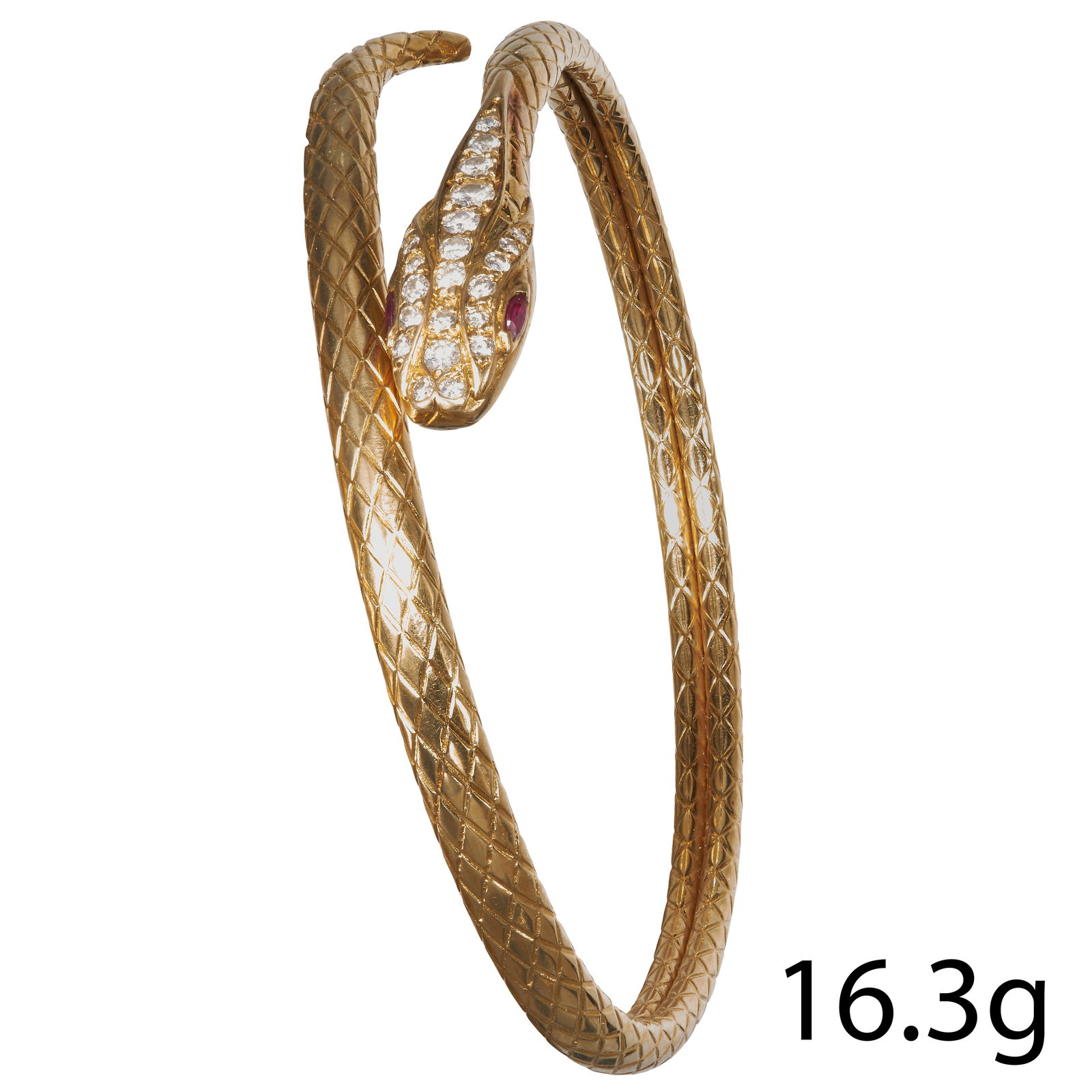 MELLERIO, DIAMOND SNAKE BANGLE: MELLERIO, DIAMOND SNAKE BANGLEHigh carat gold.Diamonds bright and lively.Vibrant rubies.Signed Mellerio.Inner diam. 5.8 cm.16.3 grams.