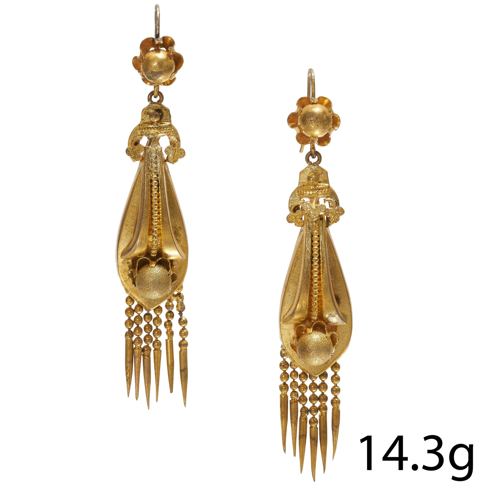 PAIR OF ANTIQUE VICTORIAN GOLD EARRINGS,: PAIR OF ANTIQUE VICTORIAN GOLD EARRINGS,Tassel drops.L. 7.6 cm.14.3 grams.