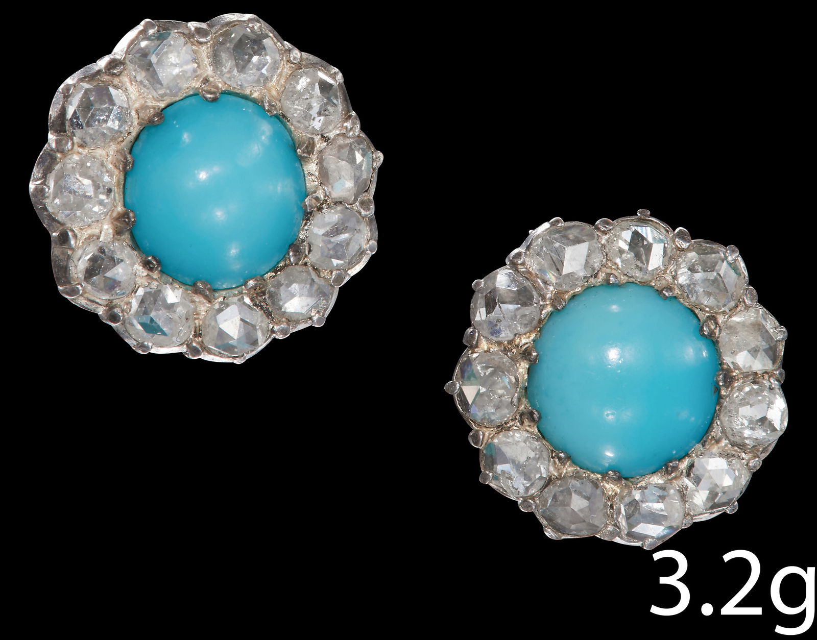 TURQUOISE AND DIAMOND CLUSTER EARRINGS: TURQUOISE AND DIAMOND CLUSTER EARRINGS. Set with vibrant turquoise . Bright lively diamonds totalling approx. 1.10 carat. L 1.2 cm. 3.2 grams.