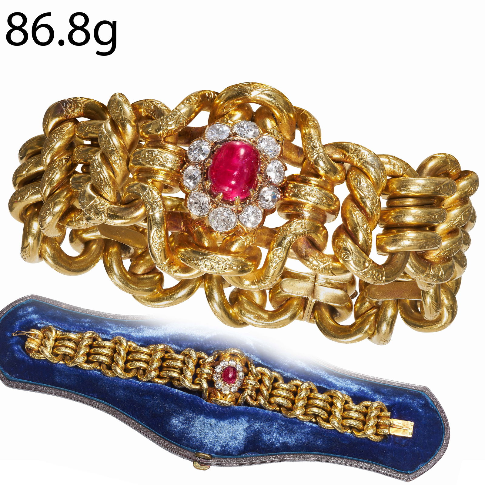 IMPRESSIVE RUSSIAN ANTIQUE RUBY AND DIAMOND BRACELET,: IMPRESSIVE RUSSIAN ANTIQUE RUBY AND DIAMOND BRACELET,18 ct. gold. Russian, St. Petersburg. Set with a rich vibrant cabochon ruby , approx. 2.71 ct. Bright lively diamonds totalling approx. 1.40 ct. L