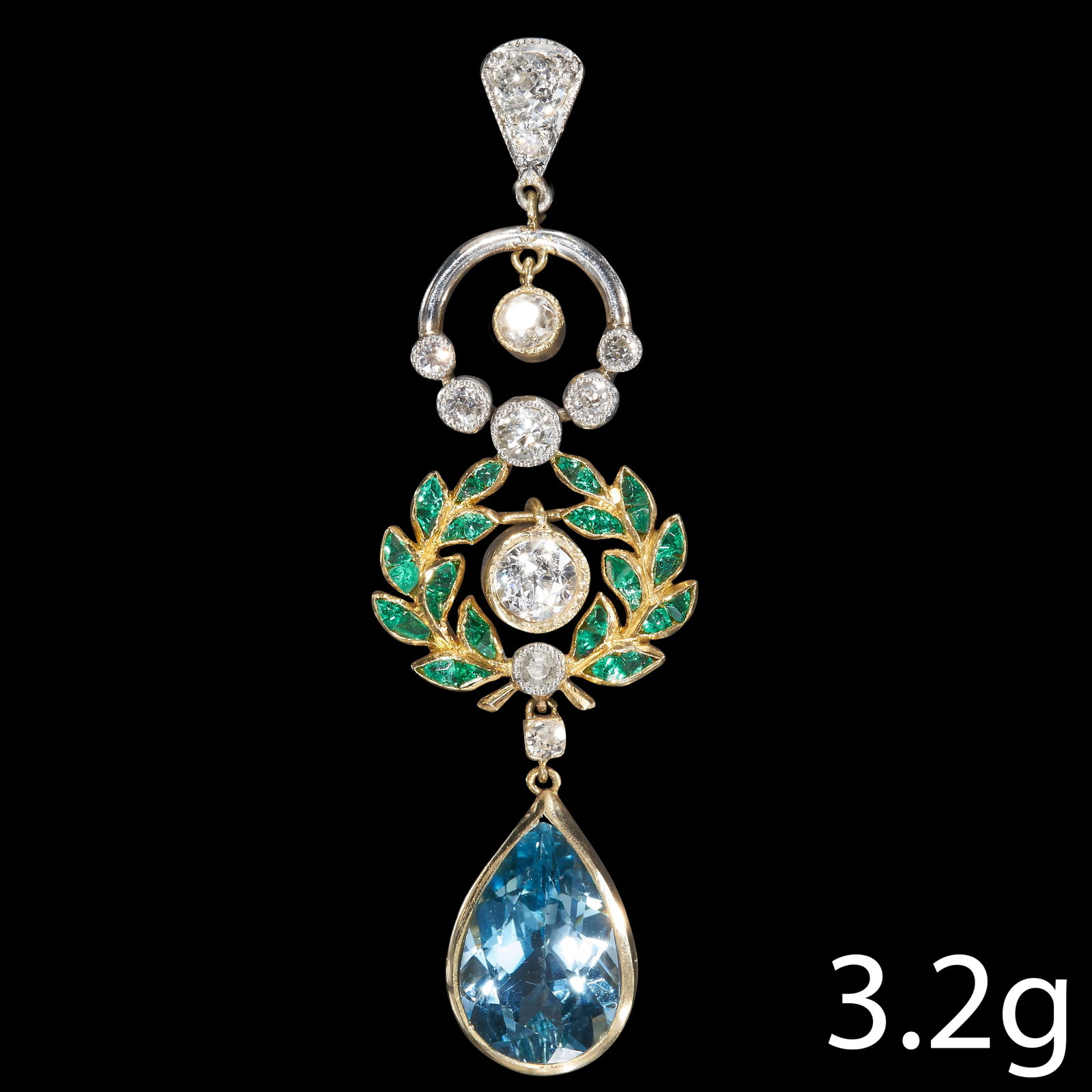 AQUAMARINE, EMERALD AND DIAMOND PENDANT.: AQUAMARINE, EMERALD AND DIAMOND PENDANT.Set with 1.32 ct. approx. vibrant rich color aquamarine ( Possibly Santa Maria ) Beautiful emerald and bright and lively diamonds.L: 4. 25 cm.3.2 gram