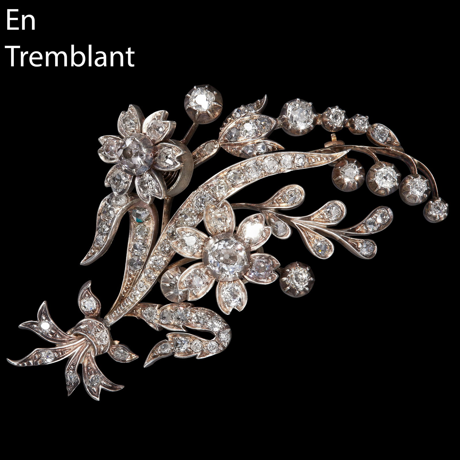 FINE ANTIQUE VICTORIAN DOUBLE 'EN TREMBLANT' LILY OF THE VALLEY DIAMOND SPRAY BROOCH (1 of 1)