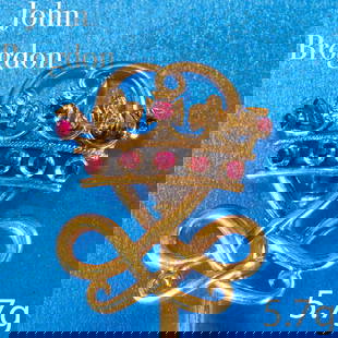 JOHN BROGDEN, FINE ANTIQUE RUBY CROWN STICK PIN: JOHN BROGDEN, FINE ANTIQUE RUBY CROWN STICK PIN,High carat goldThe crown set with rubies.Signed Brogden.L. head 2 cm.5.7 grams.