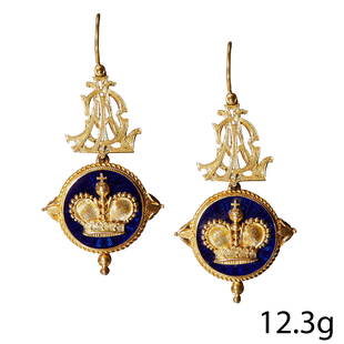 JOHN BROGDEN. FINE PAIR OF CROWN AND ENAMEL DROP EARRINGS: JOHN BROGDEN. FINE PAIR OF CROWN AND ENAMEL DROP EARRINGS. High carat gold.Detailed with crowns on a blue enamel background.The tops as cyphers.Makers mark J.BL 5 cm. 12.3 grams.Enamel great